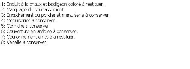Zone de Texte: 1: Enduit  la chaux et badigeon color  restituer.2: Marquage du soubassement.3: Encadrement du porche et menuiserie  conserver.4: Menuiseries  conserver.5: Corniche  conserver.6: Couverture en ardoise  conserver.7: Couronnement en tle  restituer.8: Venelle  conserver.