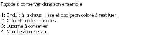 Zone de Texte: Faade  conserver dans son ensemble:1: Enduit  la chaux, liss et badigeon color  restituer.2: Coloration des boiseries.3: Lucarne  conserver.4: Venelle  conserver.