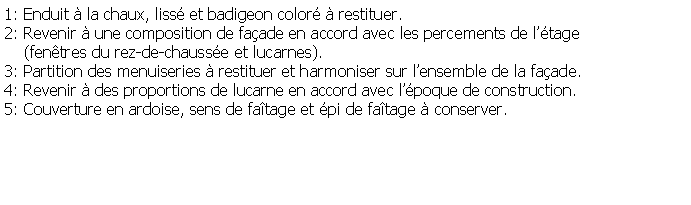 Zone de Texte: 1: Enduit  la chaux, liss et badigeon color  restituer.2: Revenir  une composition de faade en accord avec les percements de ltage    (fentres du rez-de-chausse et lucarnes).3: Partition des menuiseries  restituer et harmoniser sur lensemble de la faade.4: Revenir  des proportions de lucarne en accord avec lpoque de construction.5: Couverture en ardoise, sens de fatage et pi de fatage  conserver.