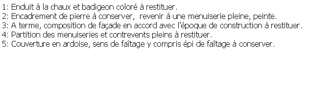 Zone de Texte: 1: Enduit  la chaux et badigeon color  restituer.2: Encadrement de pierre  conserver,  revenir  une menuiserie pleine, peinte.3: A terme, composition de faade en accord avec lpoque de construction  restituer.4: Partition des menuiseries et contrevents pleins  restituer.5: Couverture en ardoise, sens de fatage y compris pi de fatage  conserver.