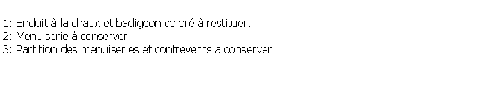 Zone de Texte: 1: Enduit  la chaux et badigeon color  restituer.2: Menuiserie  conserver.3: Partition des menuiseries et contrevents  conserver.