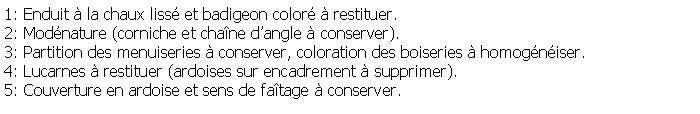 Zone de Texte: 1: Enduit  la chaux liss et badigeon color  restituer.2: Modnature (corniche et chane dangle  conserver).3: Partition des menuiseries  conserver, coloration des boiseries  homogniser.4: Lucarnes  restituer (ardoises sur encadrement  supprimer).5: Couverture en ardoise et sens de fatage  conserver.