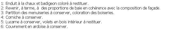 Zone de Texte: 1: Enduit  la chaux et badigeon color  restituer.2: Revenir,  terme,   des proportions de baie en cohrence avec la composition de faade.3: Partition des menuiseries  conserver, coloration des boiseries.4: Corniche  conserver.5: Lucarne  conserver, volets en bois intrieur  restituer.6: Couvrement en ardoise  conserver.
