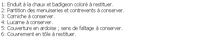 Zone de Texte: 1: Enduit  la chaux et badigeon color  restituer.2: Partition des menuiseries et contrevents  conserver.3: Corniche  conserver.4: Lucarne  conserver.5: Couverture en ardoise ; sens de fatage  conserver.6: Couvrement en tle  restituer.