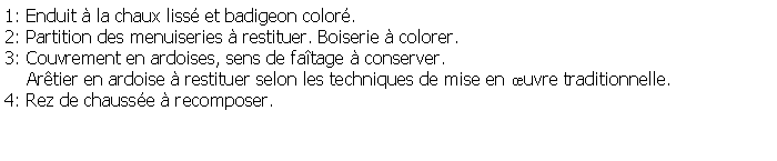 Zone de Texte: 1: Enduit  la chaux liss et badigeon color.2: Partition des menuiseries  restituer. Boiserie  colorer.3: Couvrement en ardoises, sens de fatage  conserver.    Artier en ardoise  restituer selon les techniques de mise en uvre traditionnelle.4: Rez de chausse  recomposer.