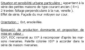 Zone de Texte: Situation et sensibilit urbaine particulire : Appartient  la srie des petites maisons de type courant ancien ( R+12 traves fatage perpendiculaire  la rue, venelle ).Effet de srie. Faade du mur mitoyen sur cour.Orientation :  Est, ensoleille.poque(s) de production dominante et proposition de mise en valeur : XIX, RDC remani au XX  recomposer daprs les maisons riveraines. Palette colore XIX  accorder dans la srie de maison riveraines.